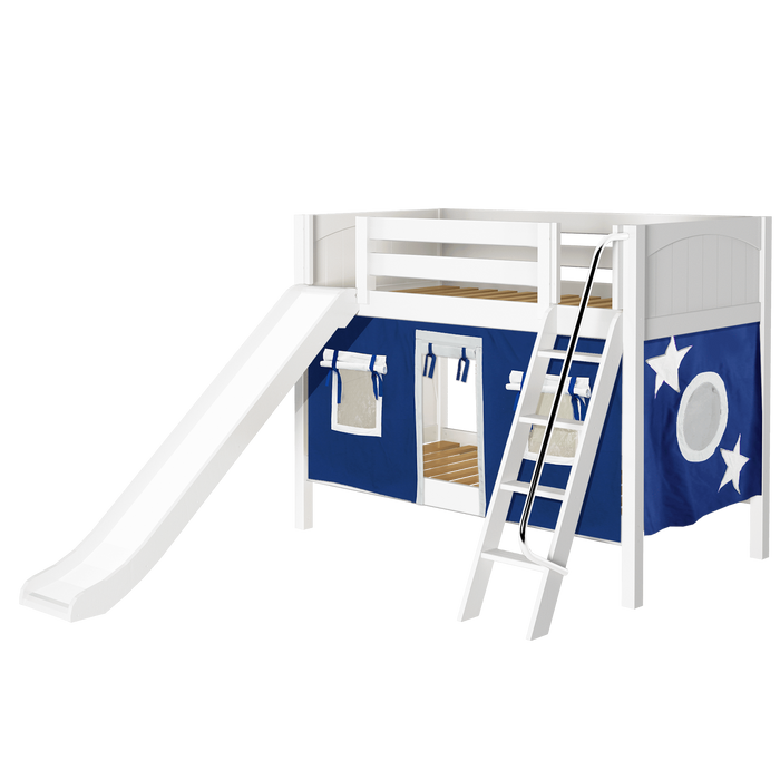 Maxtrix Twin Low Bunk Bed with Angled Ladder, Curtain + Slide