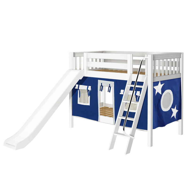 Maxtrix Twin Low Bunk Bed with Angled Ladder, Curtain + Slide