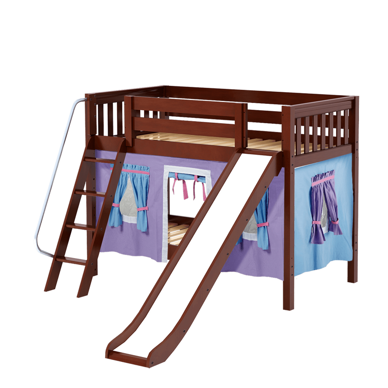 Maxtrix Twin Low Bunk Bed with Angled Ladder, Curtain + Slide