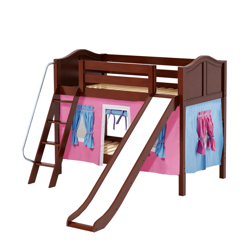 Maxtrix Twin Low Bunk Bed with Angled Ladder, Curtain + Slide