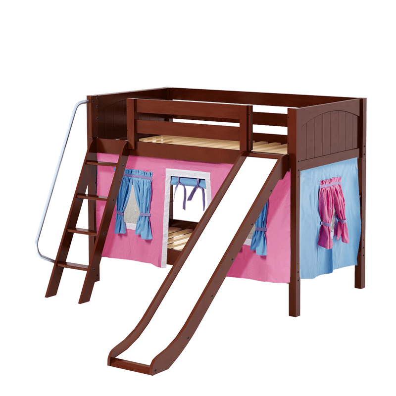 Maxtrix Twin Low Bunk Bed with Angled Ladder, Curtain + Slide