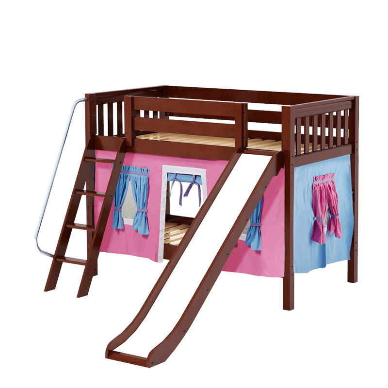 Maxtrix Twin Low Bunk Bed with Angled Ladder, Curtain + Slide