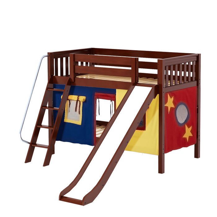 Maxtrix Twin Low Bunk Bed with Angled Ladder, Curtain + Slide