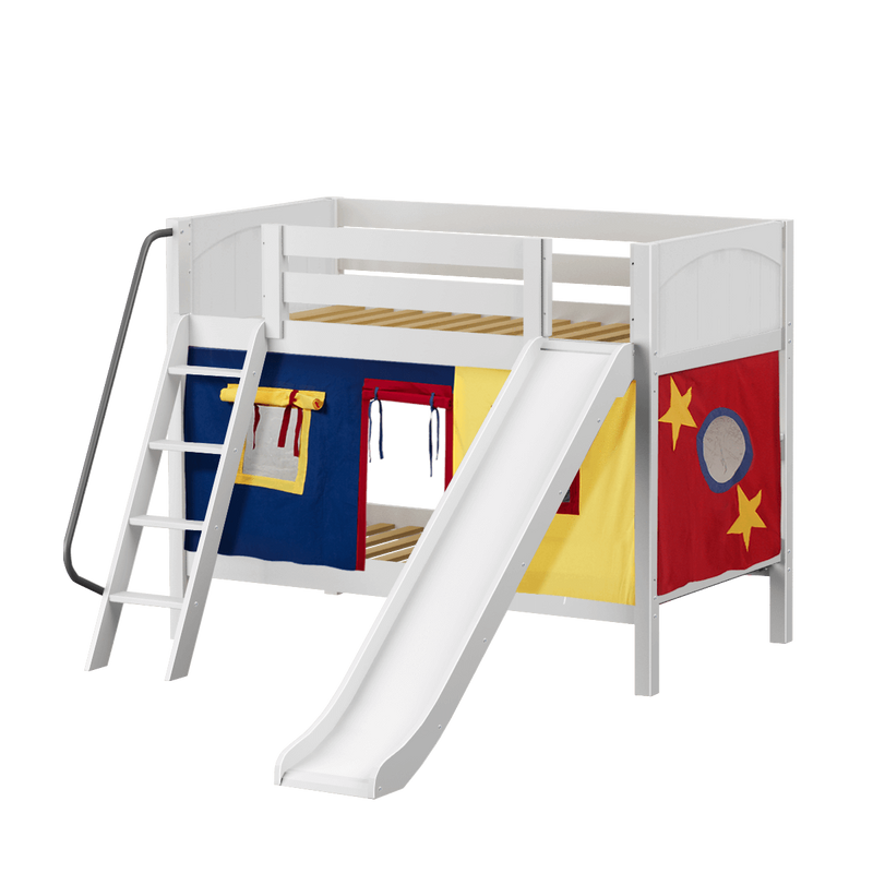 Maxtrix Twin Low Bunk Bed with Angled Ladder, Curtain + Slide
