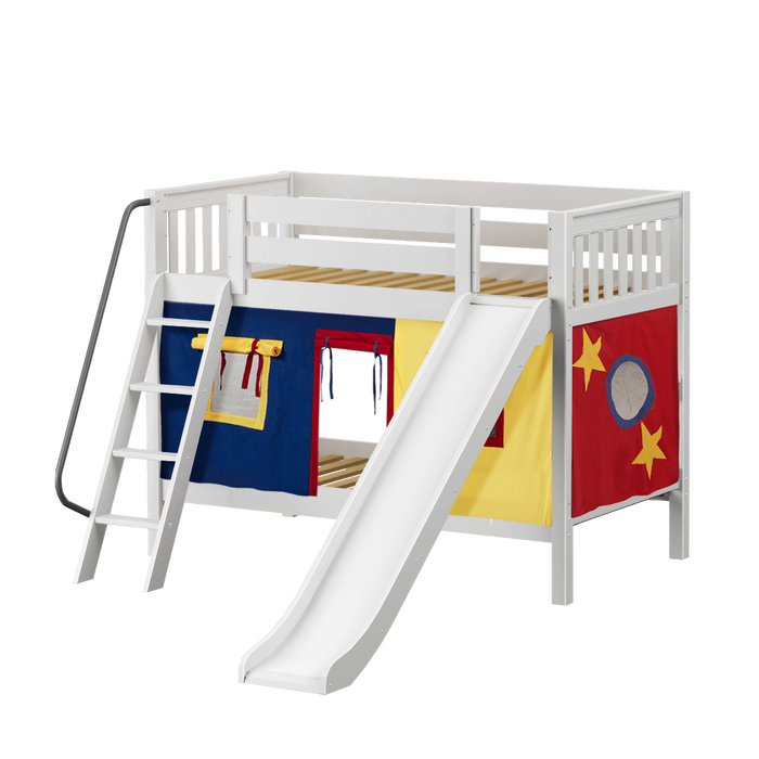 Maxtrix Twin Low Bunk Bed with Angled Ladder, Curtain + Slide