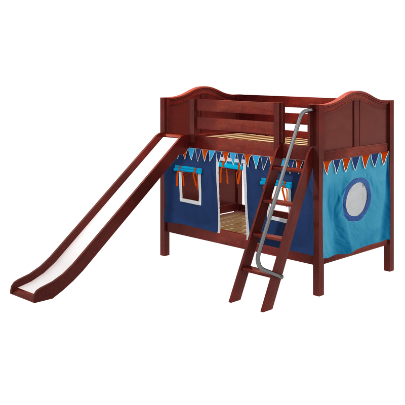 Maxtrix Twin Low Bunk Bed with Angled Ladder, Curtain + Slide