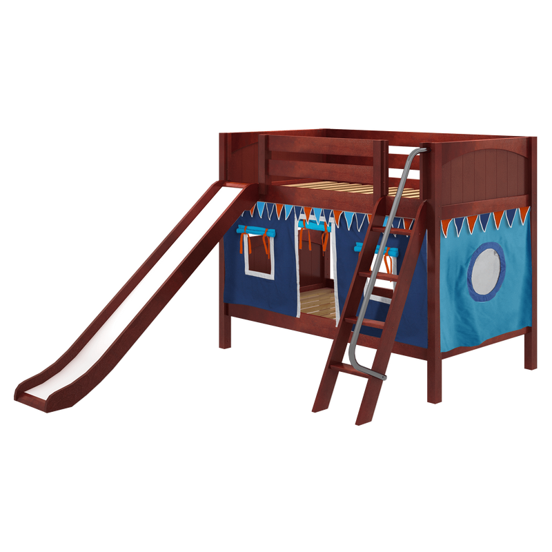 Maxtrix Twin Low Bunk Bed with Angled Ladder, Curtain + Slide