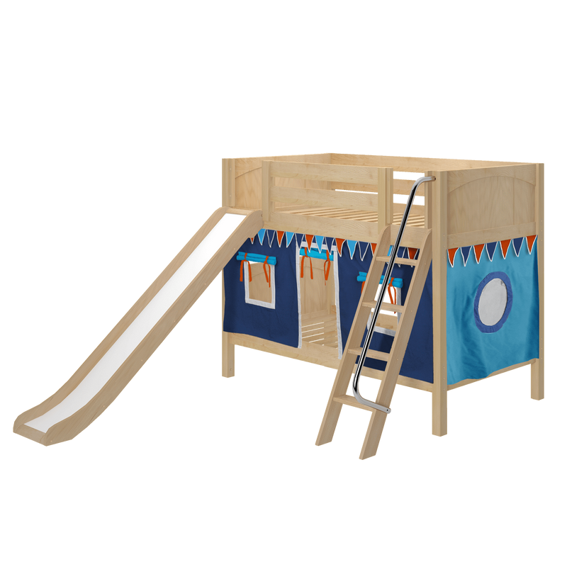 Maxtrix Twin Low Bunk Bed with Angled Ladder, Curtain + Slide