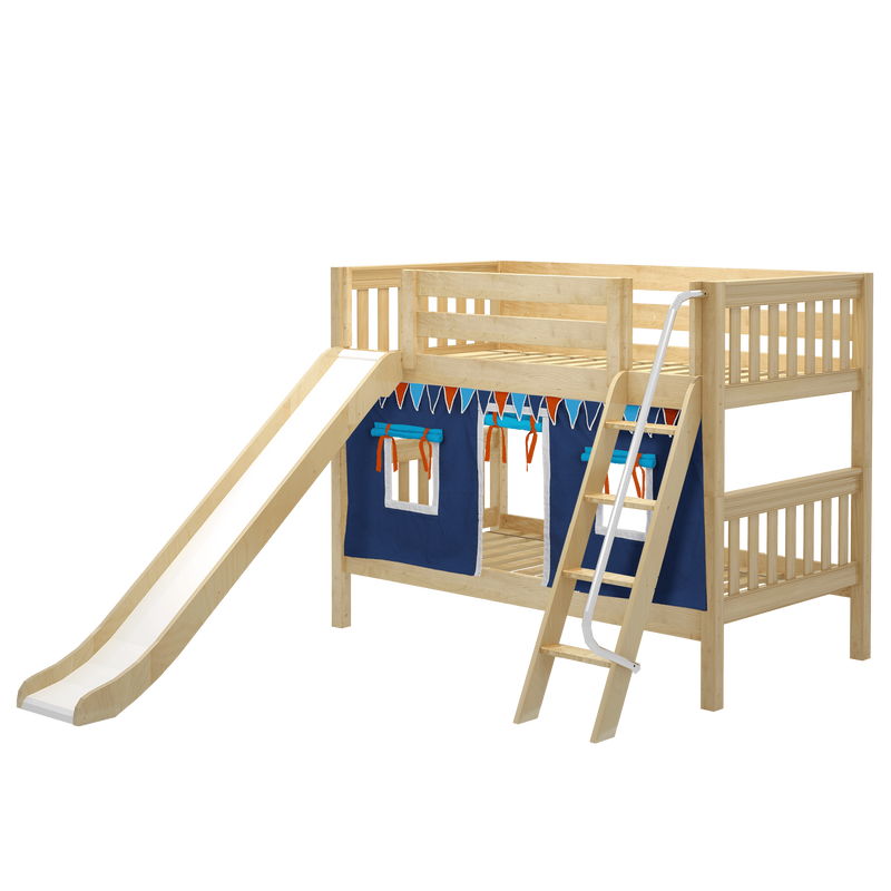 Maxtrix Twin Low Bunk Bed with Angled Ladder, Curtain + Slide