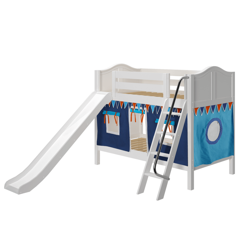 Maxtrix Twin Low Bunk Bed with Angled Ladder, Curtain + Slide