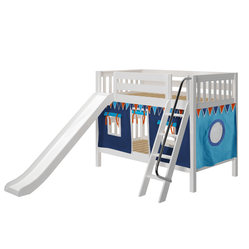 Maxtrix Twin Low Bunk Bed with Angled Ladder, Curtain + Slide
