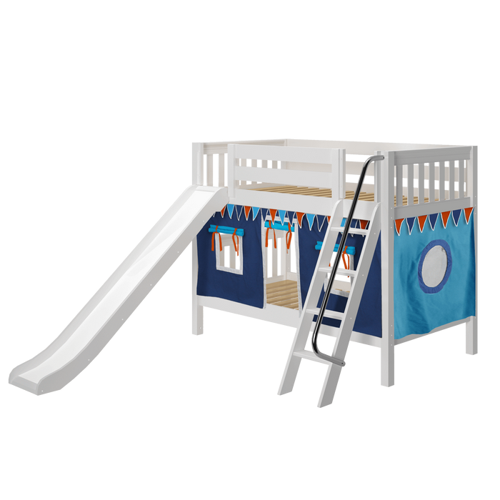 Maxtrix Twin Low Bunk Bed with Angled Ladder, Curtain + Slide