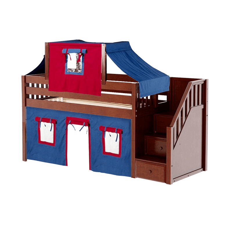 Maxtrix Twin Low Loft Bed with Stairs, Curtain + Top Tent