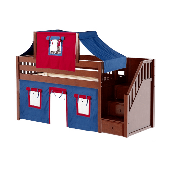 Maxtrix Twin Low Loft Bed with Stairs, Curtain + Top Tent