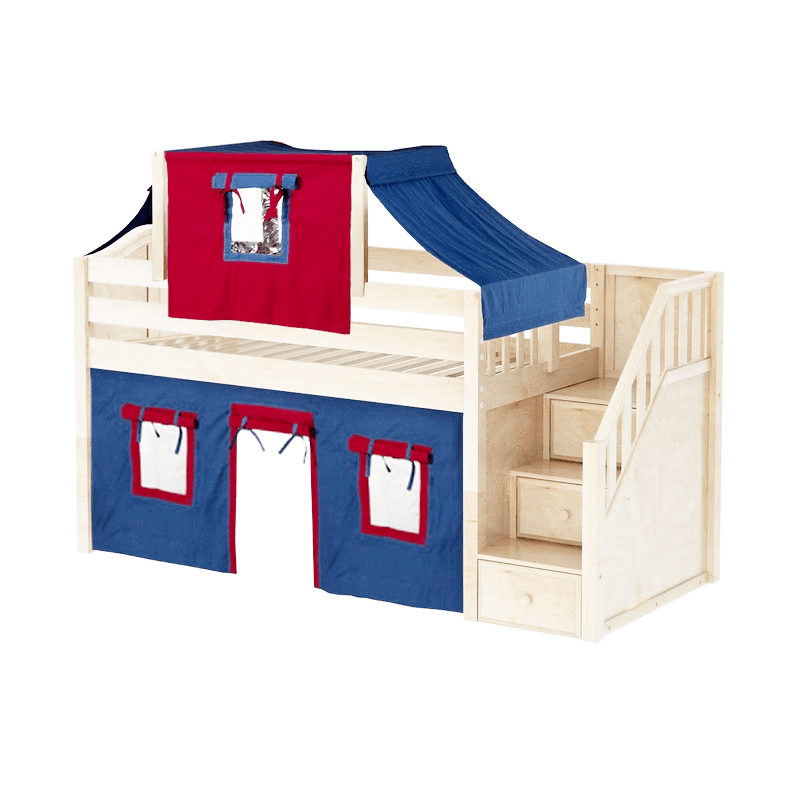 Maxtrix Twin Low Loft Bed with Stairs, Curtain + Top Tent