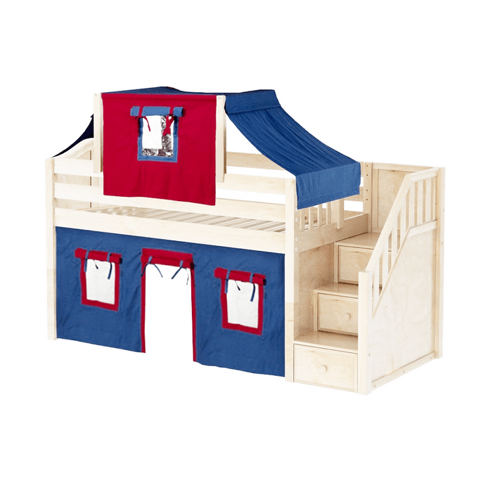 Maxtrix Twin Low Loft Bed with Stairs, Curtain + Top Tent
