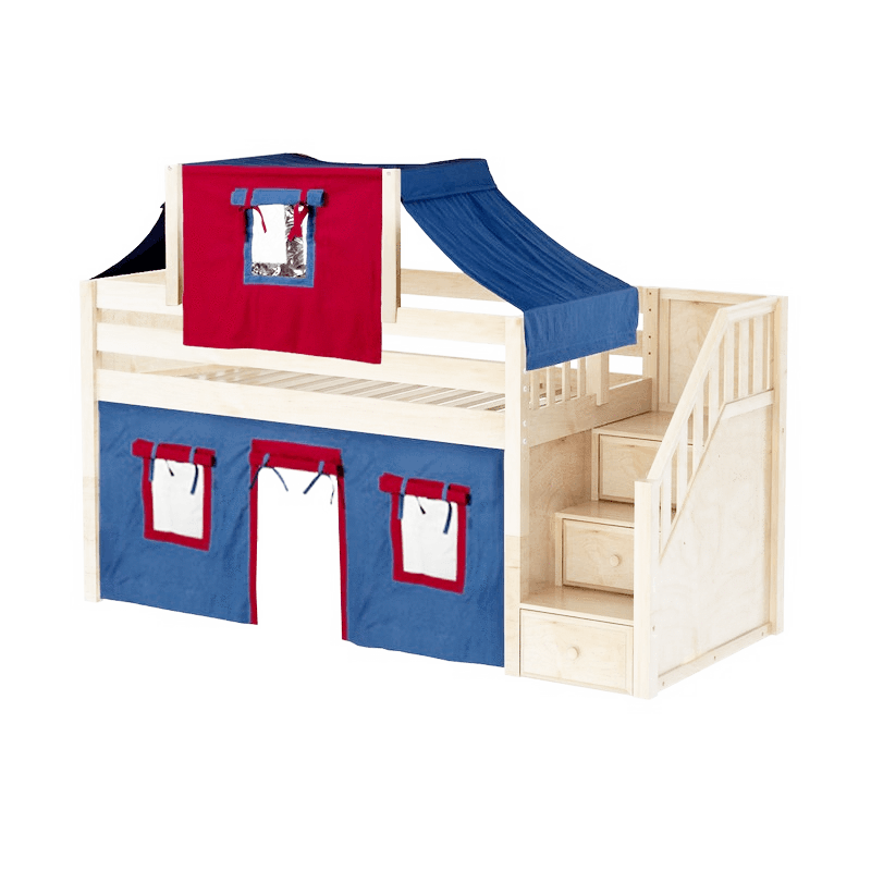 Maxtrix Twin Low Loft Bed with Stairs, Curtain + Top Tent