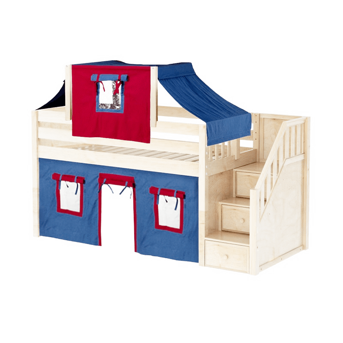 Maxtrix Twin Low Loft Bed with Stairs, Curtain + Top Tent