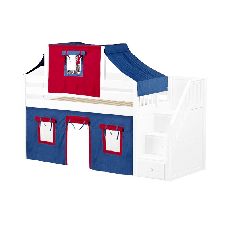 Maxtrix Twin Low Loft Bed with Stairs, Curtain + Top Tent