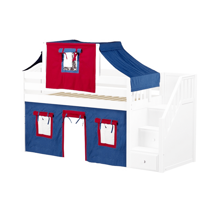 Maxtrix Twin Low Loft Bed with Stairs, Curtain + Top Tent