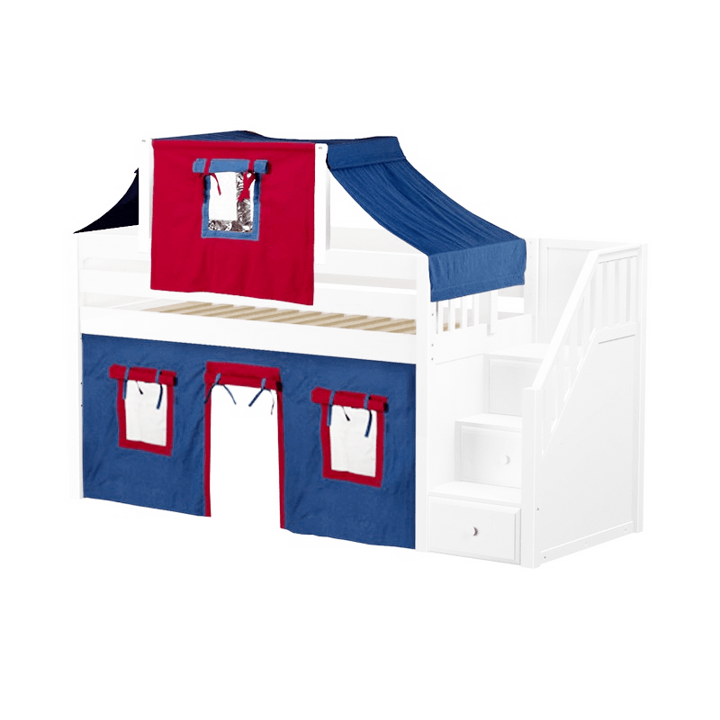 Maxtrix Twin Low Loft Bed with Stairs, Curtain + Top Tent