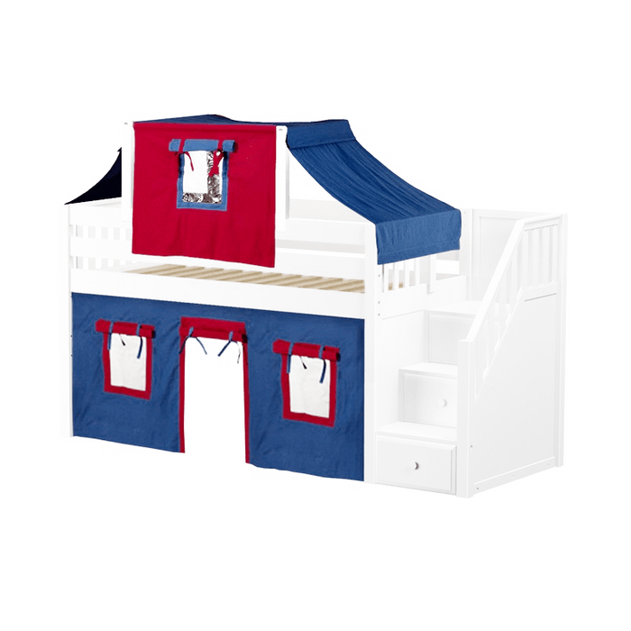 Maxtrix Twin Low Loft Bed with Stairs, Curtain + Top Tent