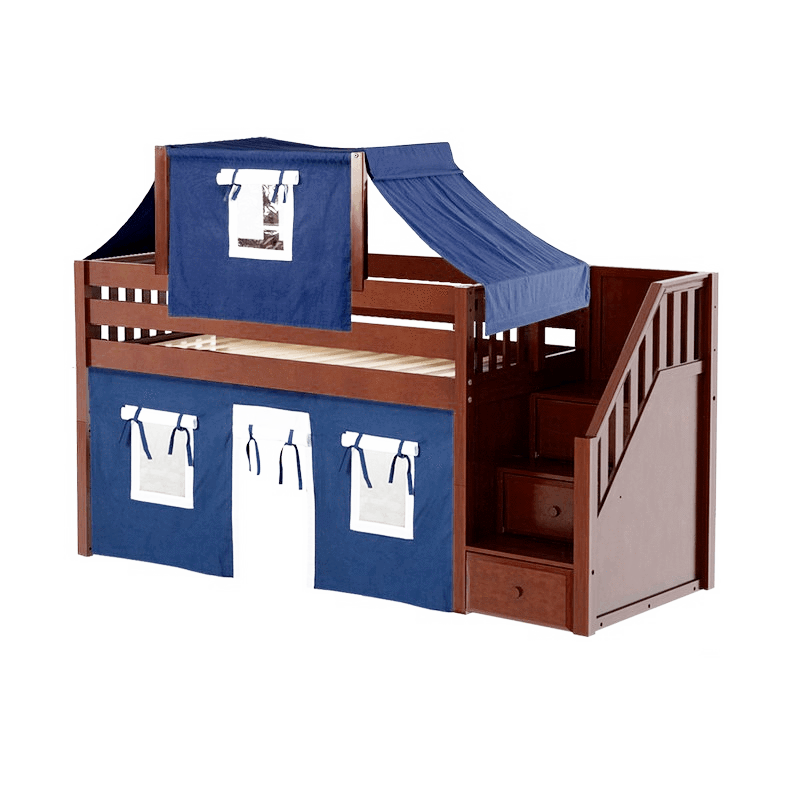 Maxtrix Twin Low Loft Bed with Stairs, Curtain + Top Tent