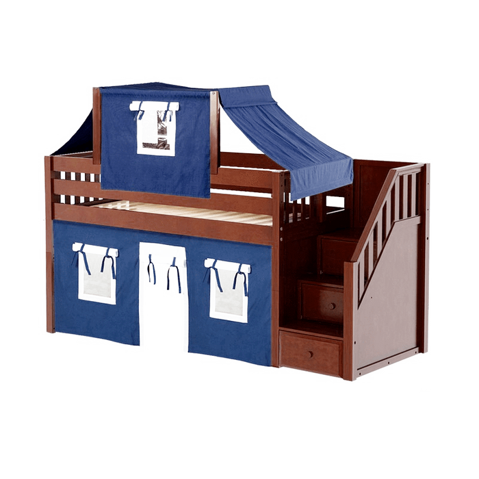 Maxtrix Twin Low Loft Bed with Stairs, Curtain + Top Tent