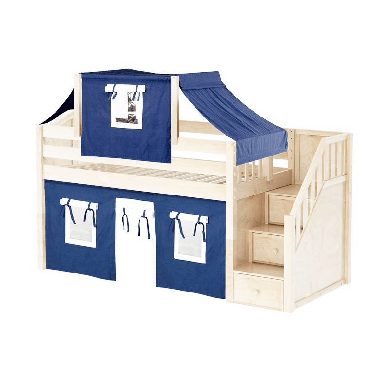 Maxtrix Twin Low Loft Bed with Stairs, Curtain + Top Tent