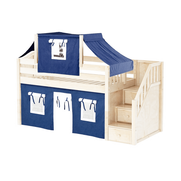Maxtrix Twin Low Loft Bed with Stairs, Curtain + Top Tent