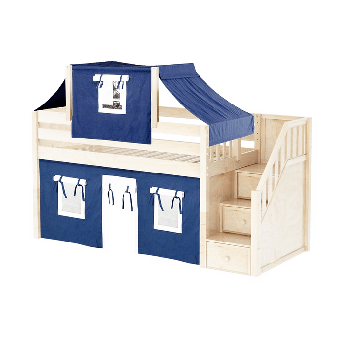 Maxtrix Twin Low Loft Bed with Stairs, Curtain + Top Tent