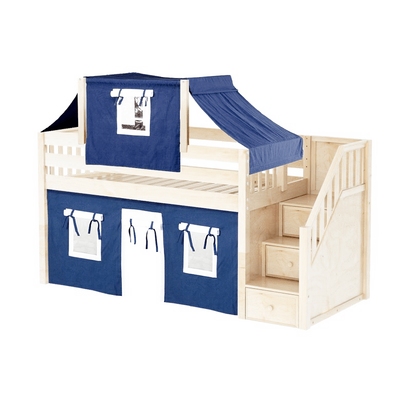Maxtrix Twin Low Loft Bed with Stairs, Curtain + Top Tent