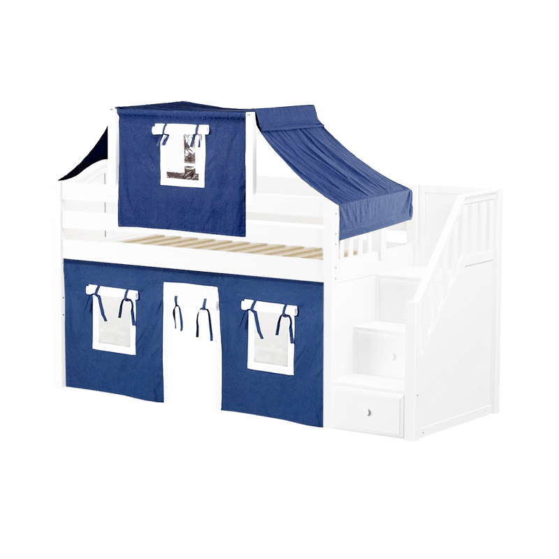 Maxtrix Twin Low Loft Bed with Stairs, Curtain + Top Tent