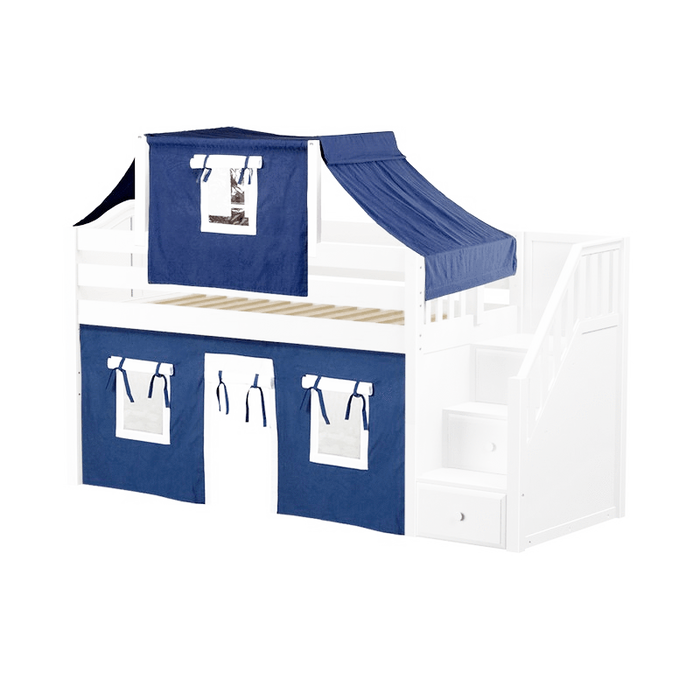 Maxtrix Twin Low Loft Bed with Stairs, Curtain + Top Tent