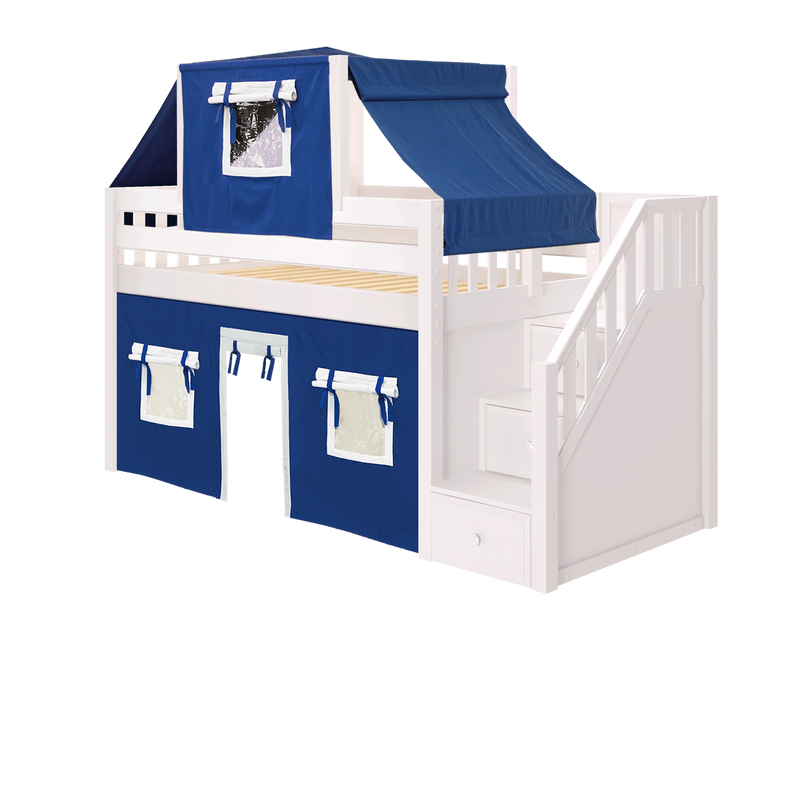 Maxtrix Twin Low Loft Bed with Stairs, Curtain + Top Tent