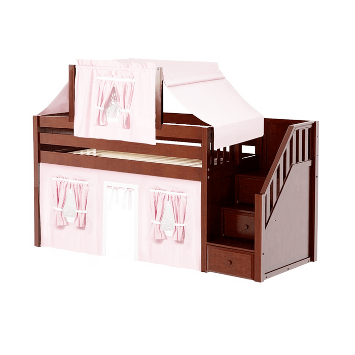 Maxtrix Twin Low Loft Bed with Stairs, Curtain + Top Tent