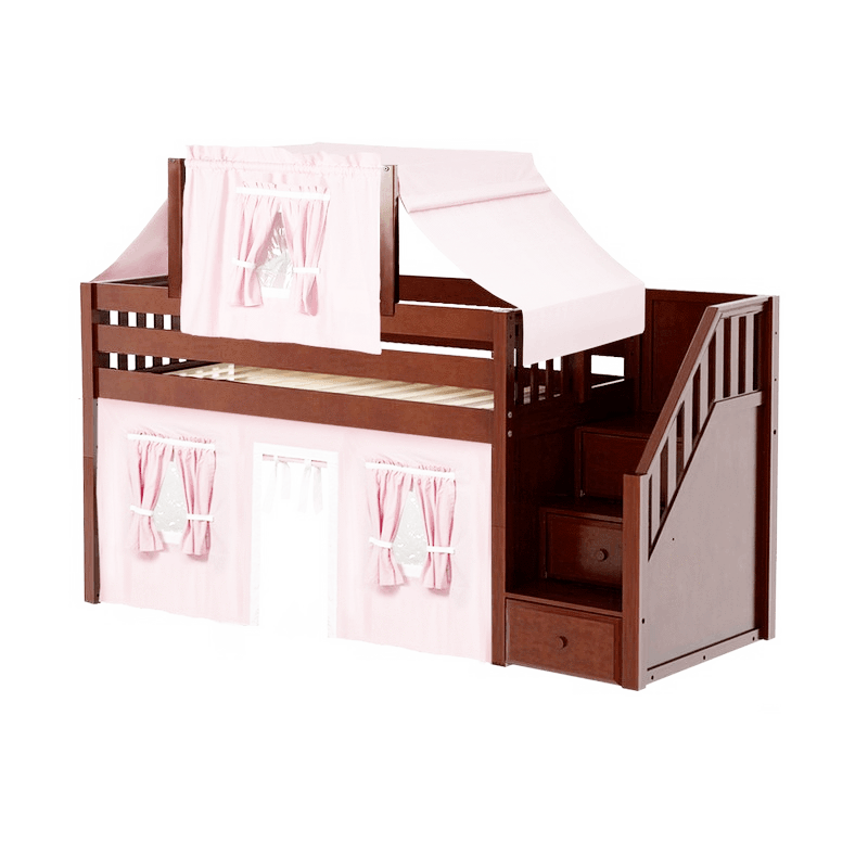 Maxtrix Twin Low Loft Bed with Stairs, Curtain + Top Tent