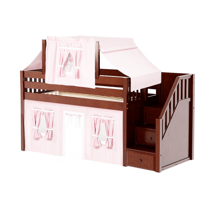 Maxtrix Twin Low Loft Bed with Stairs, Curtain + Top Tent