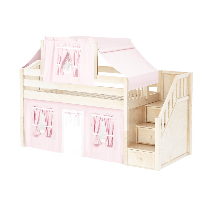 Maxtrix Twin Low Loft Bed with Stairs, Curtain + Top Tent