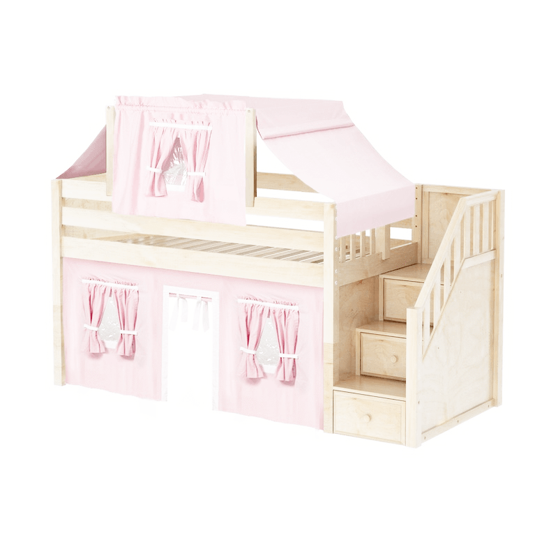 Maxtrix Twin Low Loft Bed with Stairs, Curtain + Top Tent