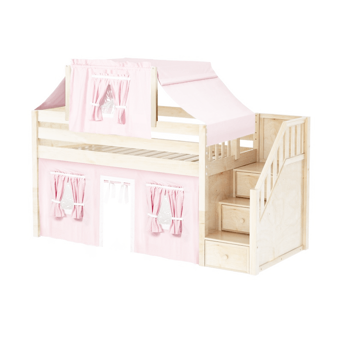 Maxtrix Twin Low Loft Bed with Stairs, Curtain + Top Tent