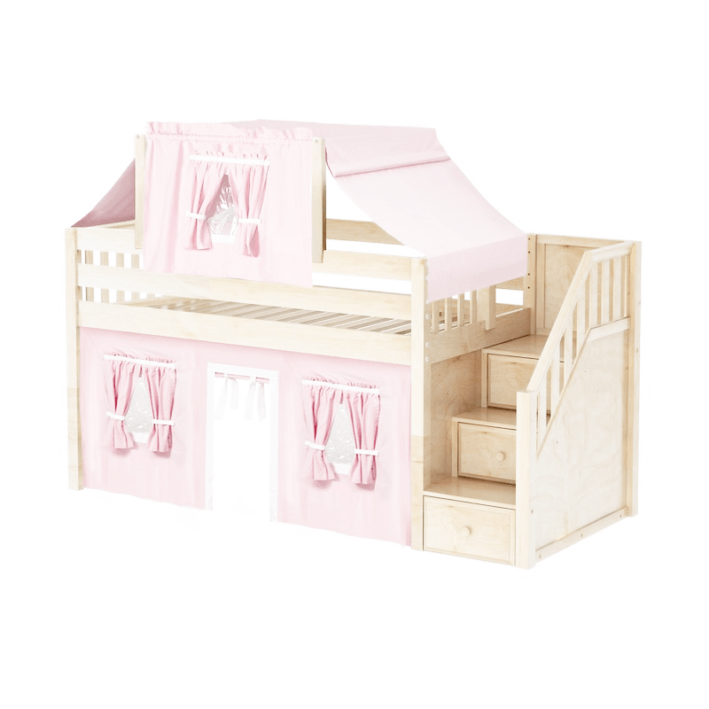 Maxtrix Twin Low Loft Bed with Stairs, Curtain + Top Tent