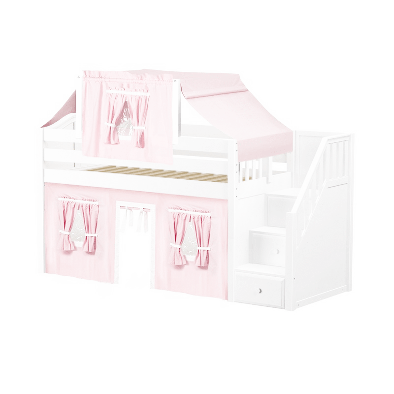 Maxtrix Twin Low Loft Bed with Stairs, Curtain + Top Tent