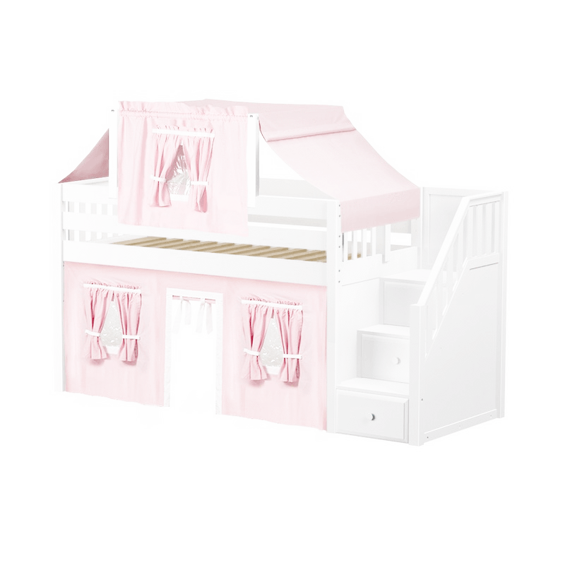 Maxtrix Twin Low Loft Bed with Stairs, Curtain + Top Tent