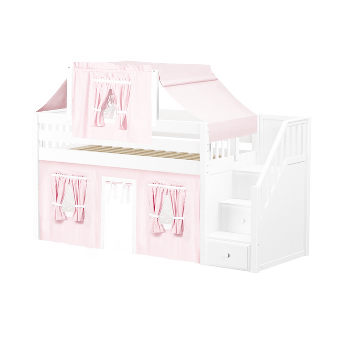 Maxtrix Twin Low Loft Bed with Stairs, Curtain + Top Tent