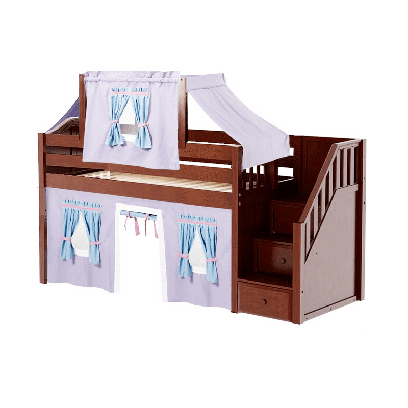 Maxtrix Twin Low Loft Bed with Stairs, Curtain + Top Tent