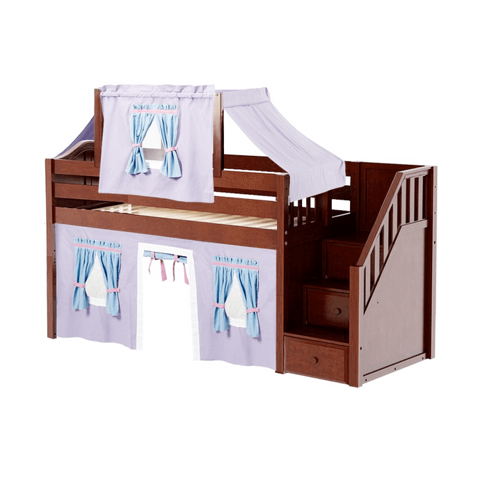 Maxtrix Twin Low Loft Bed with Stairs, Curtain + Top Tent