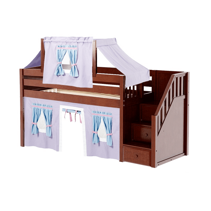 Maxtrix Twin Low Loft Bed with Stairs, Curtain + Top Tent