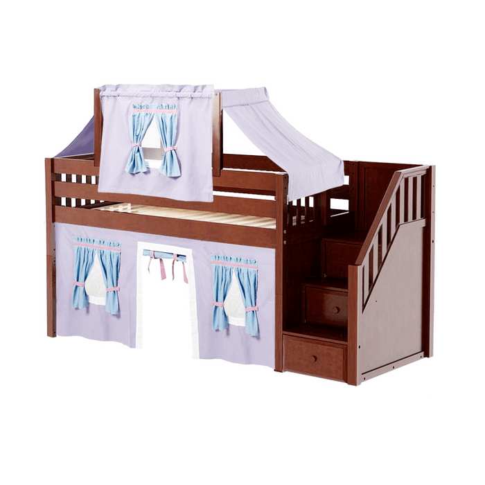 Maxtrix Twin Low Loft Bed with Stairs, Curtain + Top Tent