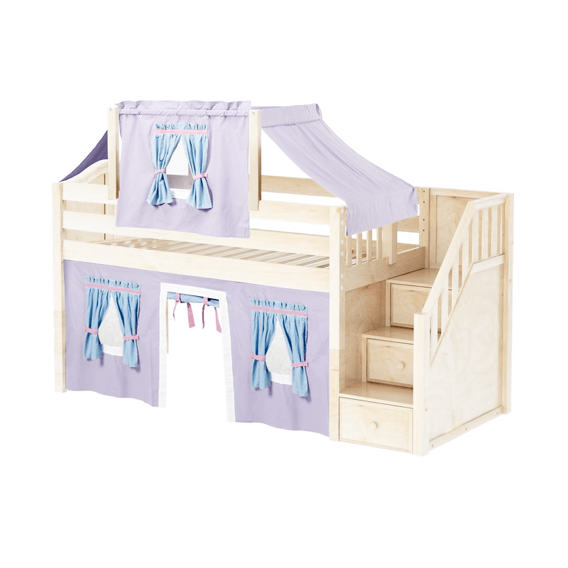 Maxtrix Twin Low Loft Bed with Stairs, Curtain + Top Tent